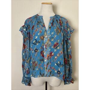 Derek Lam 10 Crosby Floral Sheer Ruffle Blouse Size XS Boho Cottage Peasant Gold